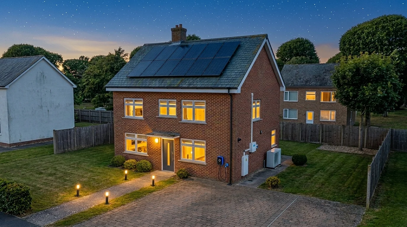 The same house at dusk with its lights on